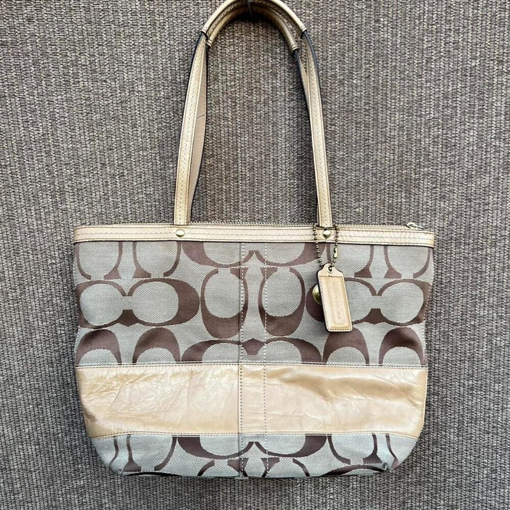 Coach No. C0868-12429 Signature Khaki Stripe Y2K Leather Tote Handbag Pink